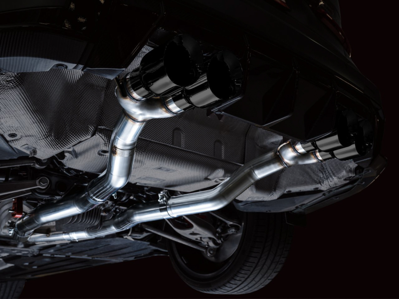 BMW M4 Performance Exhaust - AWE Tuning - Track Edition Cat-Back with quad 4.5-inch double-walled slash-cut tips; dual 3-inch configuration with X-pipe; valve simulators included - Diamond Black - `21-`27